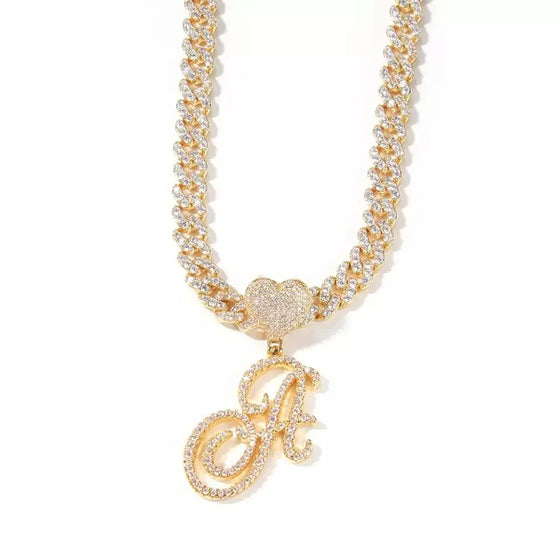 CURSIVE HEART INITIAL CUBAN LINK NECKLACE