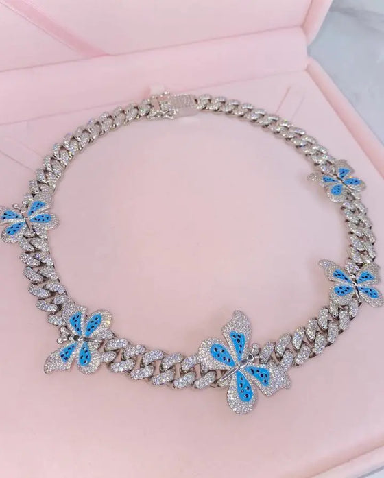 CUBAN LINK BUTTERFLY NECKLACE IN BLUE