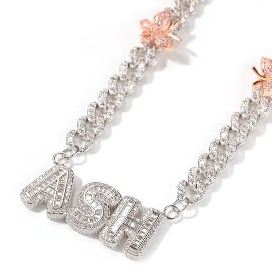 CUBAN LINK BUTTERFLY BAGUETTE NAME NECKLACE